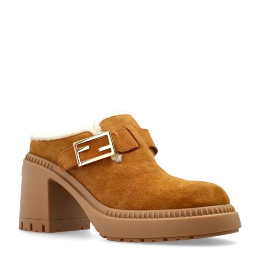 Fendi Tan Suede Shearling-Lined Mules with Gold Buckle - Picture 4 of 10